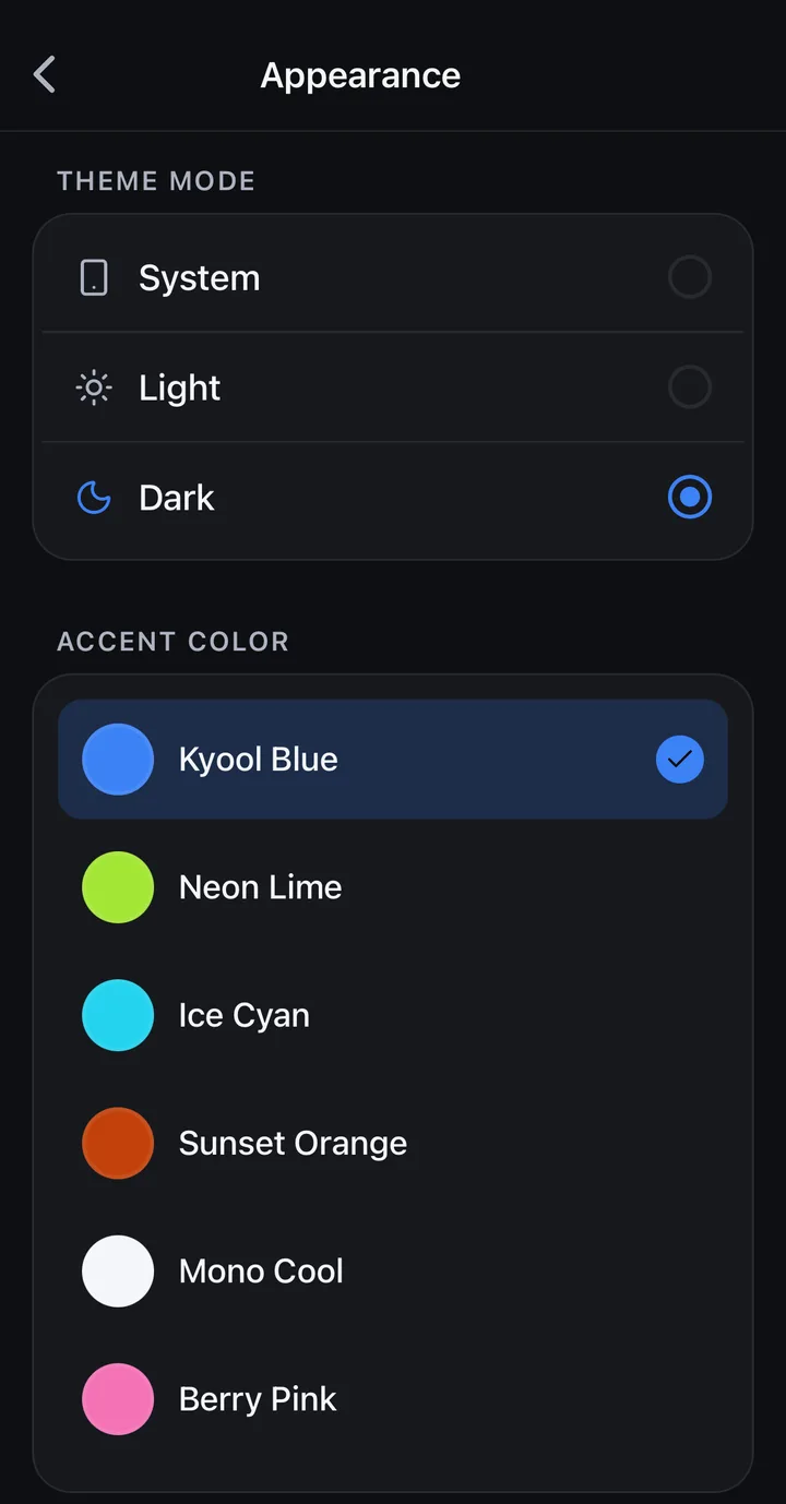 The same screen in dark mode, with Dark and Kyool Blue selected.