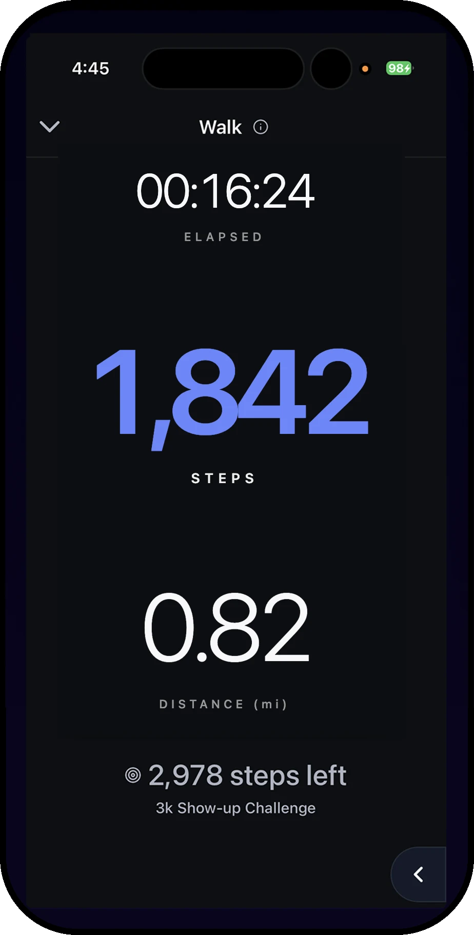 Kyool walk tracking screen showing elapsed time, steps and distance